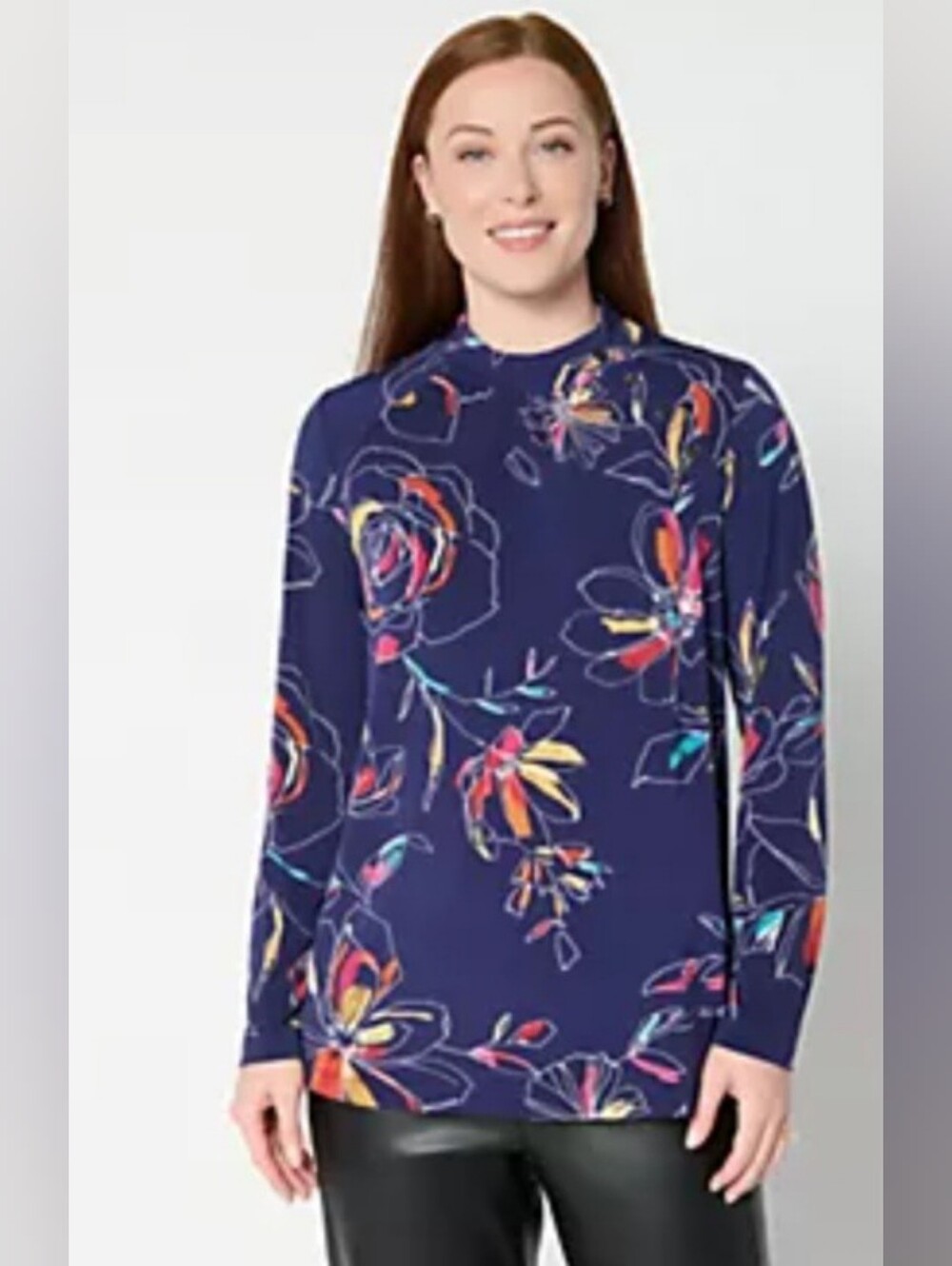 New Liquid Knit Navy Mock Neck Long Sleeve Floral Top 1X